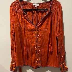 Red Carter Dark Red Long Sleeves Flowy V-Neck Summer Casual Blouse VINTAGE